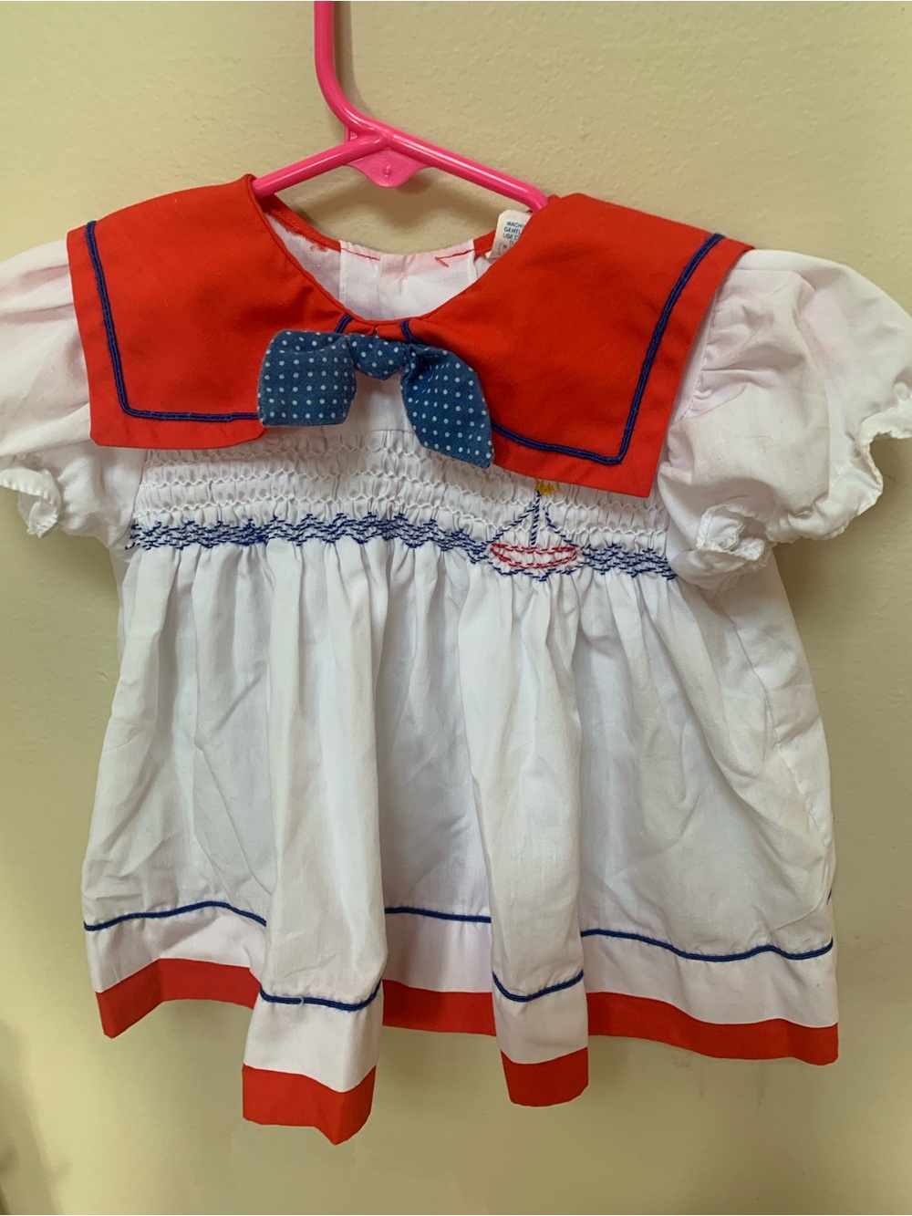Vintage Cradle Tops Red, White, Blue Nautical Smocked Baby Dress with Blue Bow